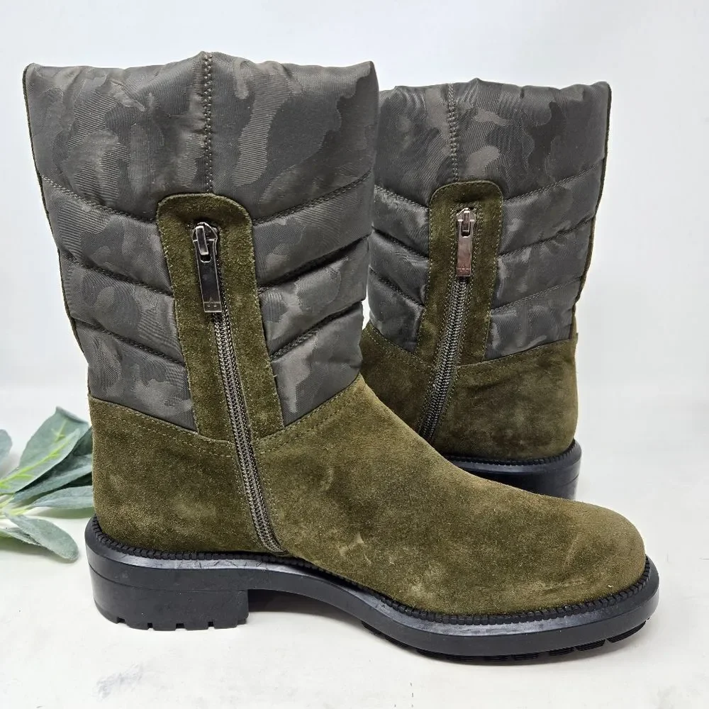 AQUATALIA‎ Lori Waterproof Boots Olive Green Suede | Camo Nylon Size 8
